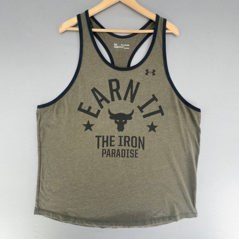 Under Armour Project Rock Mens XXL Earn It Iron Paradise Tank Top Green HeatGear